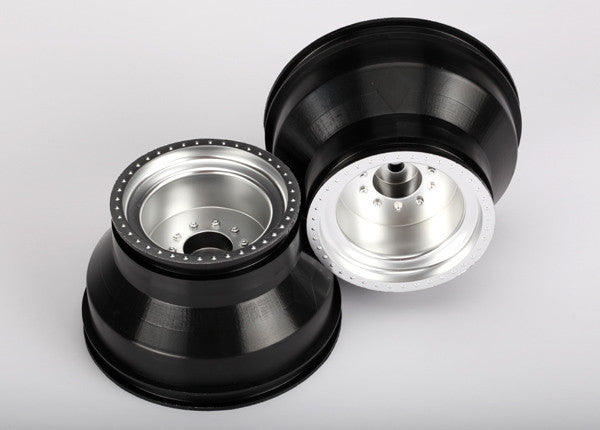 TRAXXAS 3666 Wheels, Monster Jam replica, satin chrome, dual profile (2.0'' outer 3.0'' inner) (nitro rear/ electric front) (2)