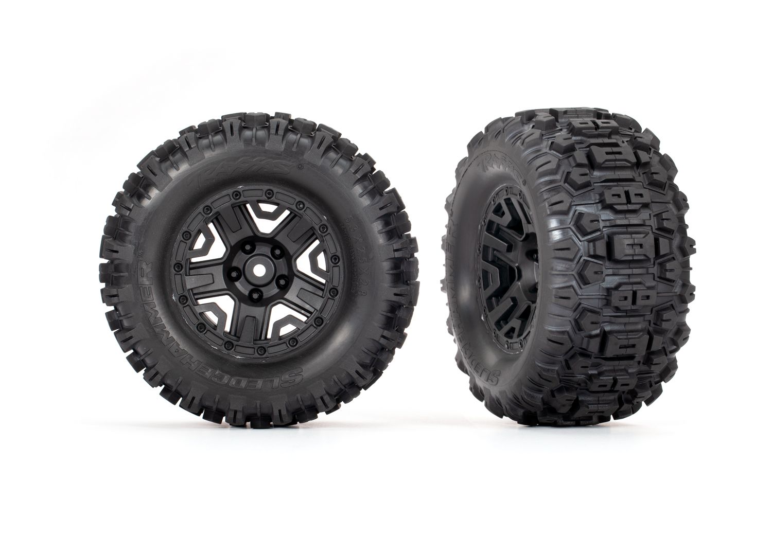 TRAXXAS 3778 Tires & wheels, assembled, glued (black 2.8" wheels, Sledgehammer® tires, foam inserts) (electric rear) (2) (TSM® rated)
