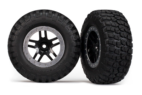 TRAXXAS 5883 Tires & wheels, assembled, glued SCT Split-Spoke, black, satin chrome beadlock wheels, BFGoodrich Mud-Terrain T/A KM2 tire, foam inserts (2) 4WD front / rear 2WD rear
