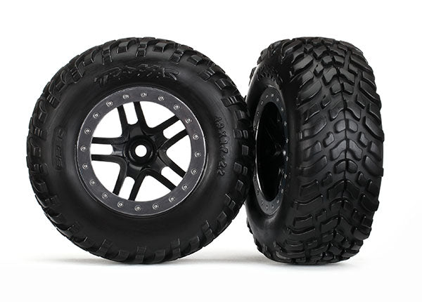 TRAXXAS 5889R Tires & wheels, assembled, glued (S1 compound) (SCT Split-Spoke black, satin chrome beadlock style wheel, dual profile