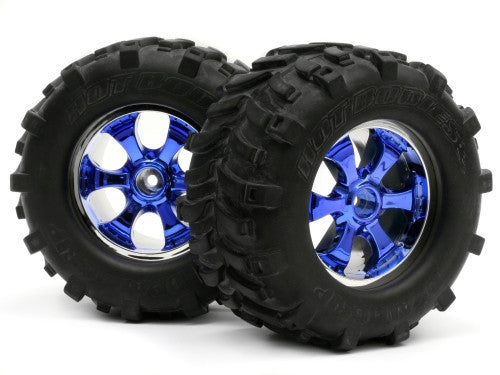 HOT BODIES 61182-2 Predator Wheel Chrome/Blue w/ Deathgrip Tire L/R Hpi Savage *DISC*