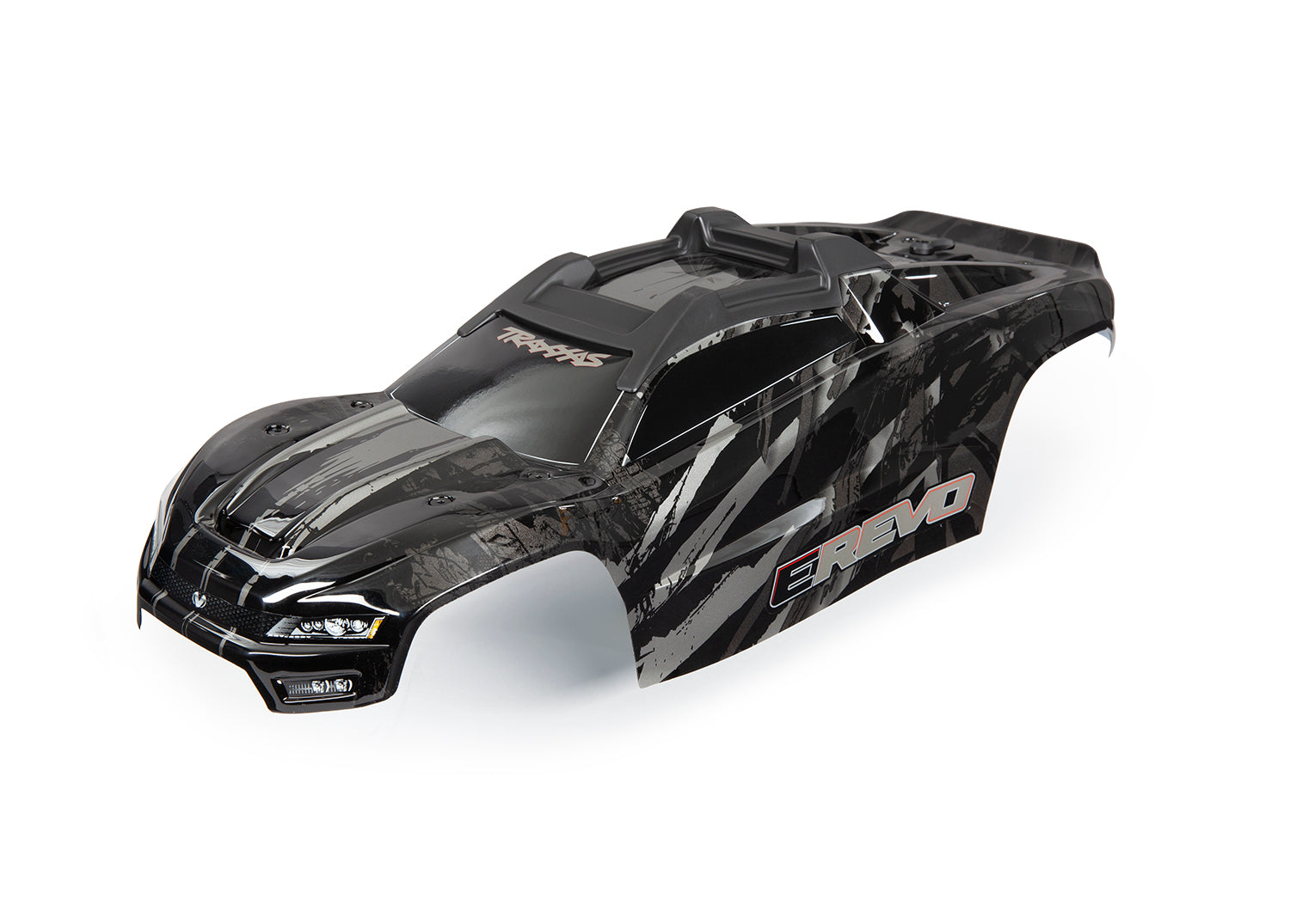 TRAXXAS 8611R Body, E-Revo, black (painted, decals applied) (assembled with front & rear body mounts and rear body support for clipless mounting)