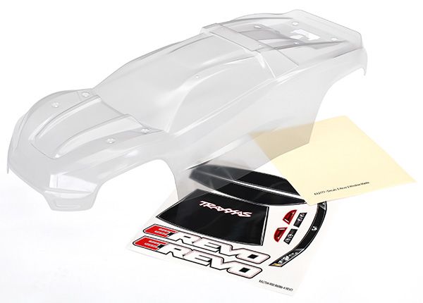 TRAXXAS 8611 Body, E-Revo (clear, requires painting)/window, grill, lights decal sheet