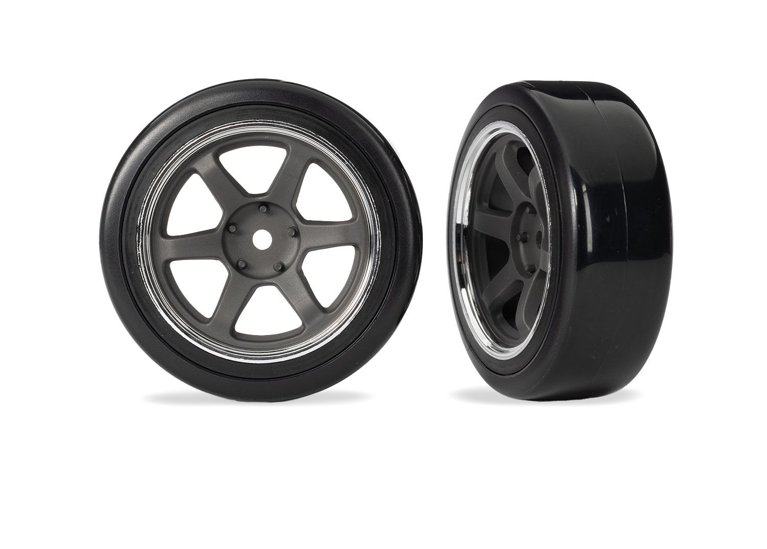 TRAXXAS 10577 Tires & wheels, assembled (six spoke graphite gray wheels w/chrome rim, 1.9" Drift tires (2 dots, soft, smooth surfaces)) (front) (2)
