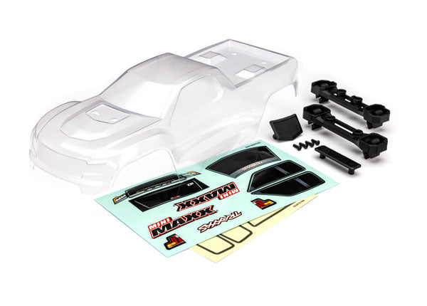 TRAXXAS 10711 Body, Mini Maxx® (clear, requires painting)/ window masks/ decal sheet (includes front & rear body latches, hardware) (for clipless mounting)