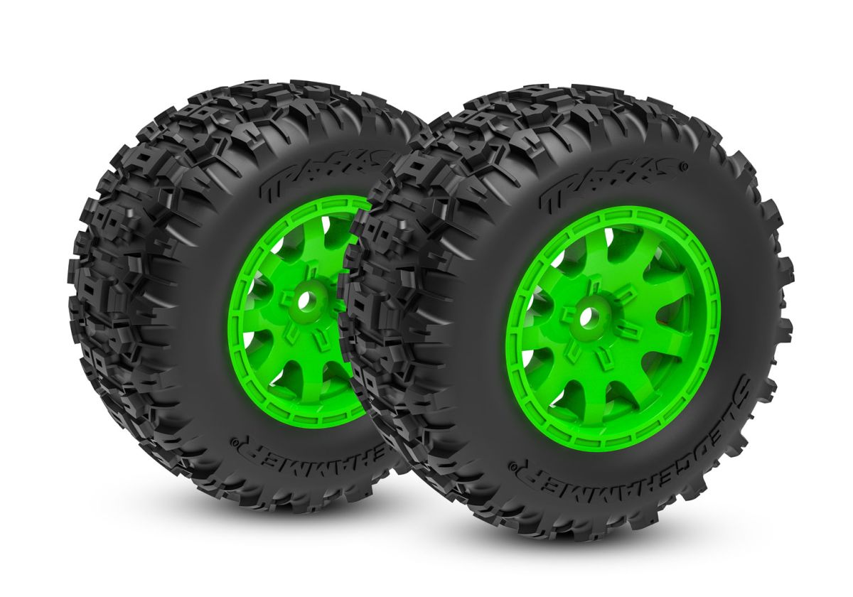 TRAXXAS 10770-GRN Green Rear Wheels w/ Sledgehammer Tires (2)