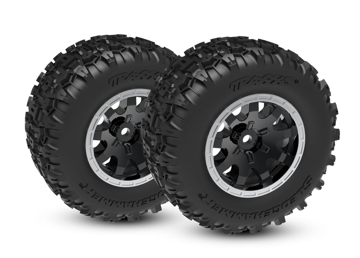 TRAXXAS 10770-STBLK Black & Satin Rear Wheels w/ Sledgehammer Tires (2)