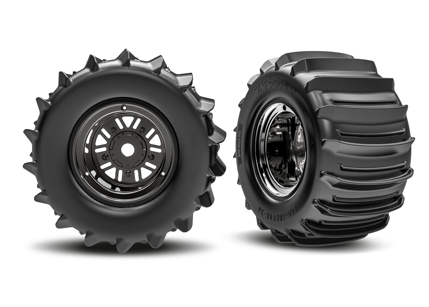 TRAXXAS 10973-BLKC 3.2" Funco Black Chrm Rear Wheels & Paddle Tires (2)