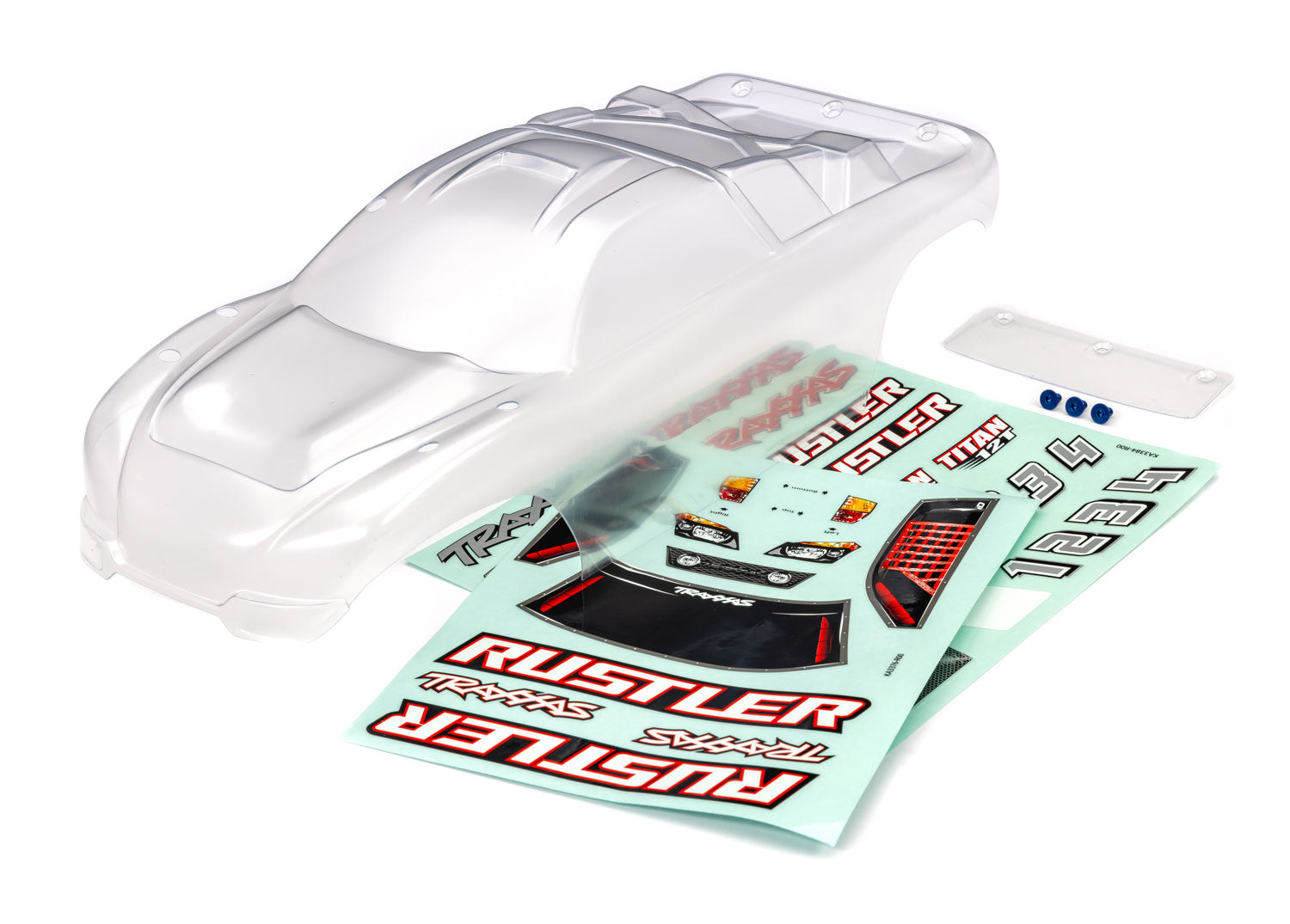 TRAXXAS 3753 Body, Rustler (also fits Rustler VXL) (clear, requires painting)/ window, lights decal sheet/ wing and aluminum hardware (for clipless mounting)