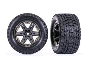 TRAXXAS 6764-BLKCR Tires & wheels, assembled, glued (2.8") (RXT charcoal gray & black chrome wheels, Gravix™ tires, foam inserts) (4WD electric front/rear, 2WD electric front only) (2) (TSM rated)