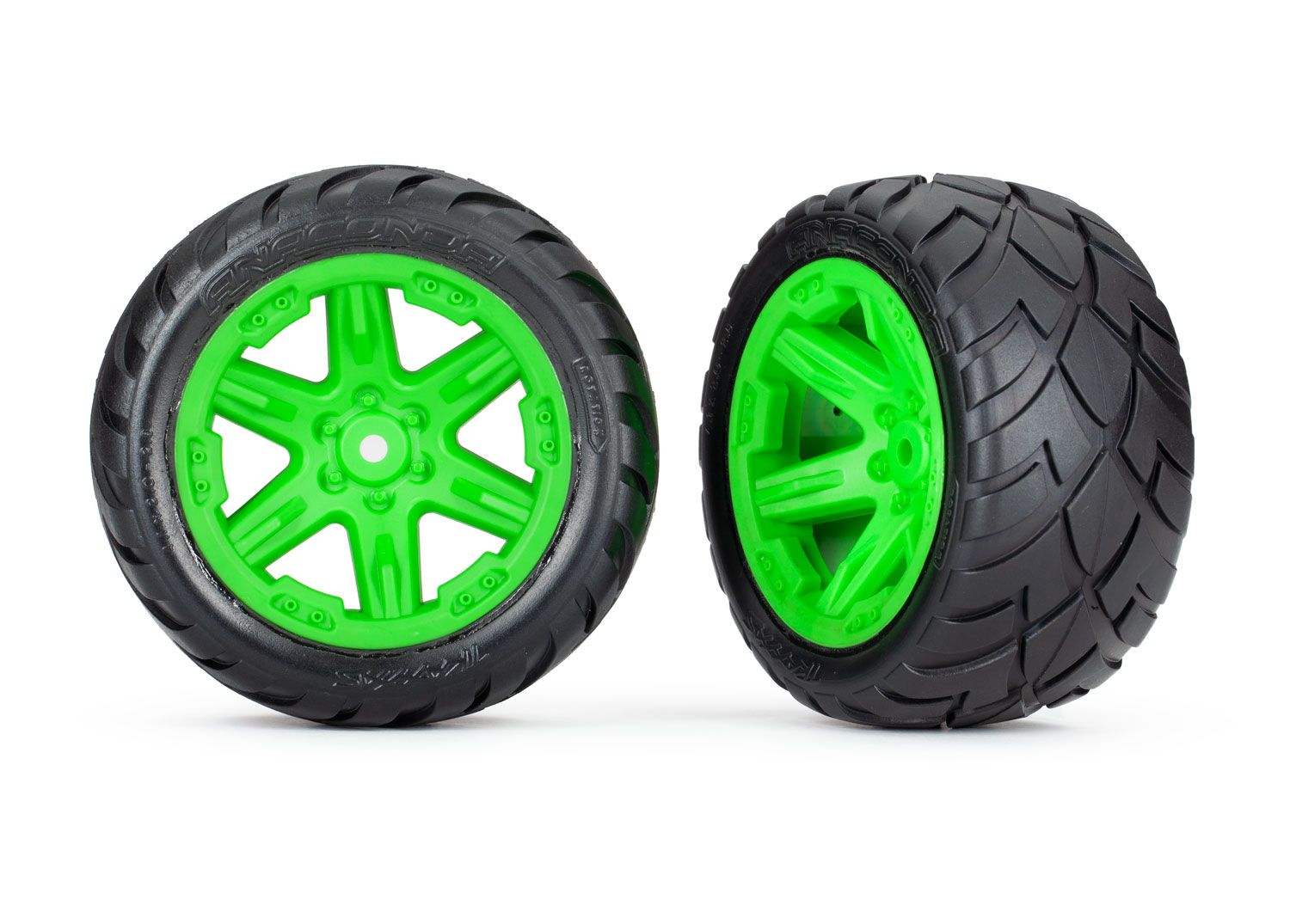 TRAXXAS 6768G Tires & wheels, assembled, glued (2.8") (RXT green wheels, Anaconda tires, foam inserts) (2WD electric rear) (2) (TSM® rated)