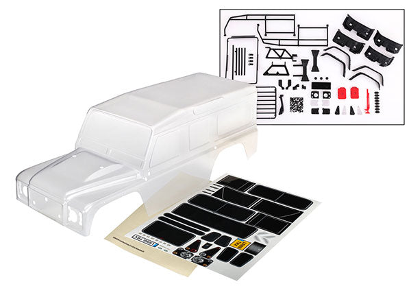 TRAXXAS 8011P Body, Land Rover Defender, complete (clear, trimmed, requires painting) (includes grille, side mirrors, door handles, windshield wipers, ExoCage, spare tire mount, decals, window masks)