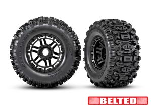 TRAXXAS 8979 Tires & wheels, assembled, glued (black wheels, belted Sledgehammer® All-Terrain tires, dual profile (2.9" outer, 3.8" inner), foam inserts) (2) (17mm splined) (TSM® rated)