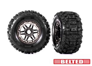 TRAXXAS 8979A Tires & wheels, assembled, glued (black chrome wheels, belted Sledgehammer® All-Terrain tires, dual profile (2.9" outer, 3.8" inner), foam inserts) (2) (17mm splined) (TSM® rated)