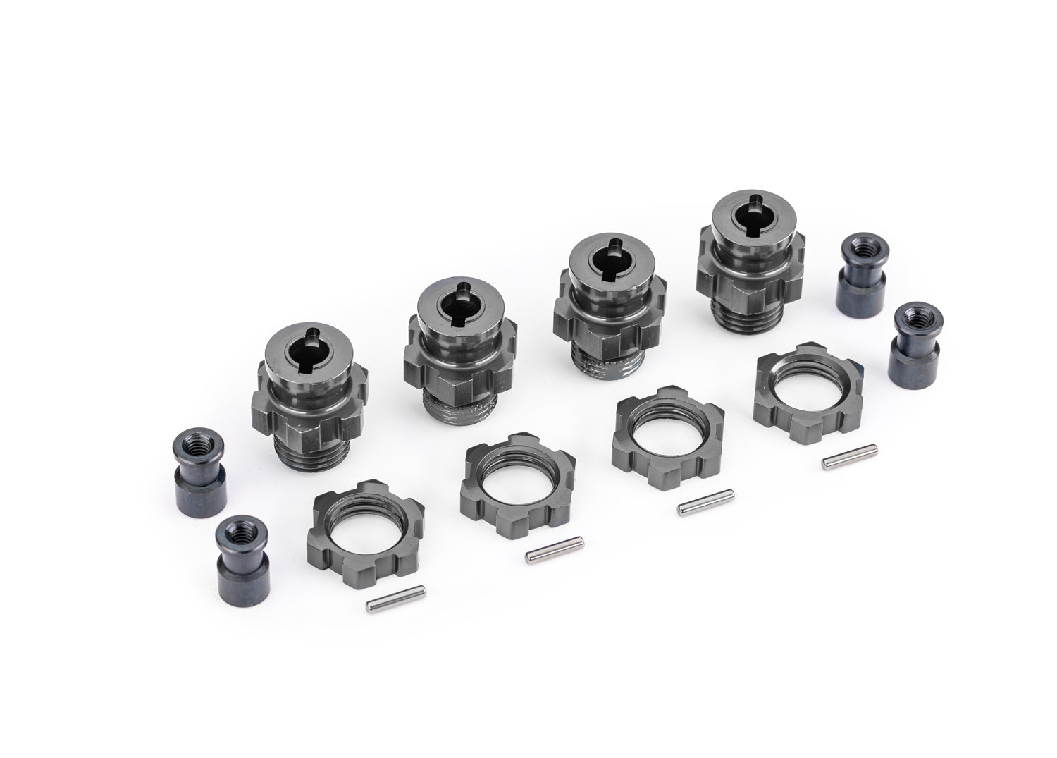 TRAXXAS 9086-GRAY Wheel hubs, splined, 17mm, short (gray-anodized) (4)/ wheel nuts, splined, 17mm (gray-anodized) (4)/ hub retainer M4 X 0.7 (4)/ axle pin (4) (for use with #9080 upgrade kit)