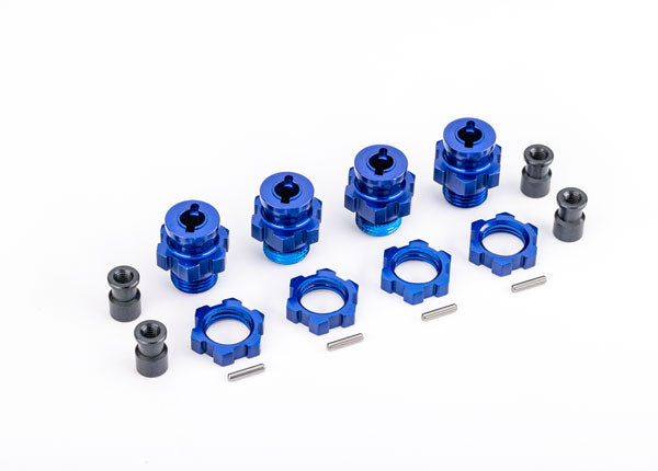 TRAXXAS 9086 Wheel hubs, splined, 17mm, short (blue-anodized) (4)/ wheel nuts, splined, 17mm (blue-anodized) (4)/ hub retainer M4 X 0.7 (4)/ axle pin (4) (for use with #9080 upgrade kit)