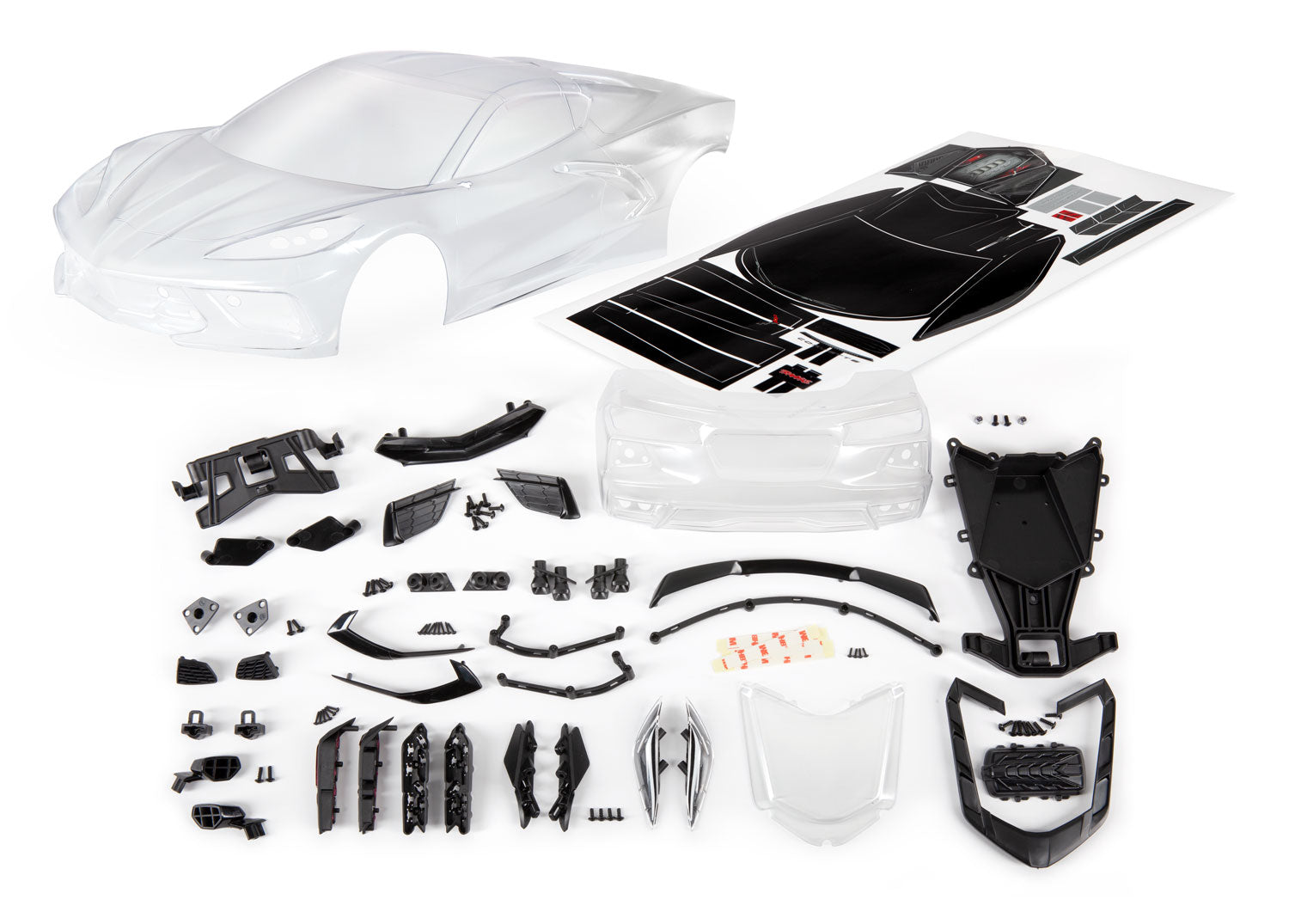 TRAXXAS 9311 Body, Chevrolet Corvette Stingray (clear, trimmed, requires painting)/ decal sheet (includes side mirrors, spoiler, grilles, vents, hardware, & clipless mounting)