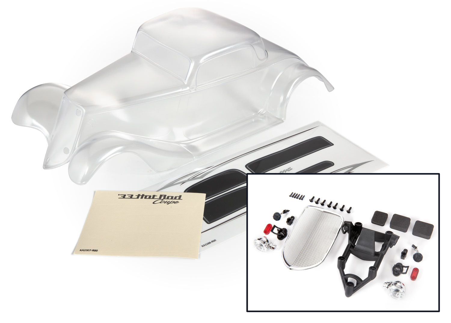 TRAXXAS 9333 Factory Five '33 Hot Rod Coupe (clear, requires painting)/ foam pads (front & rear)/ decal sheet (includes front grille, side mirrors, headlights, tail lights, mounting hardware)