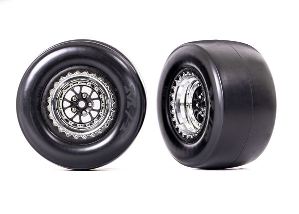 TRAXXAS 9477R  Tires & wheels, assembled, glued (Weld chrome with black wheels, Mickey Thompson® ET Drag® Slicks, smoke compound, foam inserts) (rear) (2)