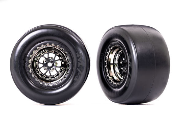 TRAXXAS 9477X Tires & wheels, assembled, glued (Weld black chrome wheels, Mickey Thompson® ET Drag® Slicks, smoke compound, foam inserts) (rear) (2)