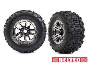 TRAXXAS 9573A Tires & wheels, assembled, glued (3.8" black chrome wheels, belted Sledgehammer® tires, foam inserts) (2)