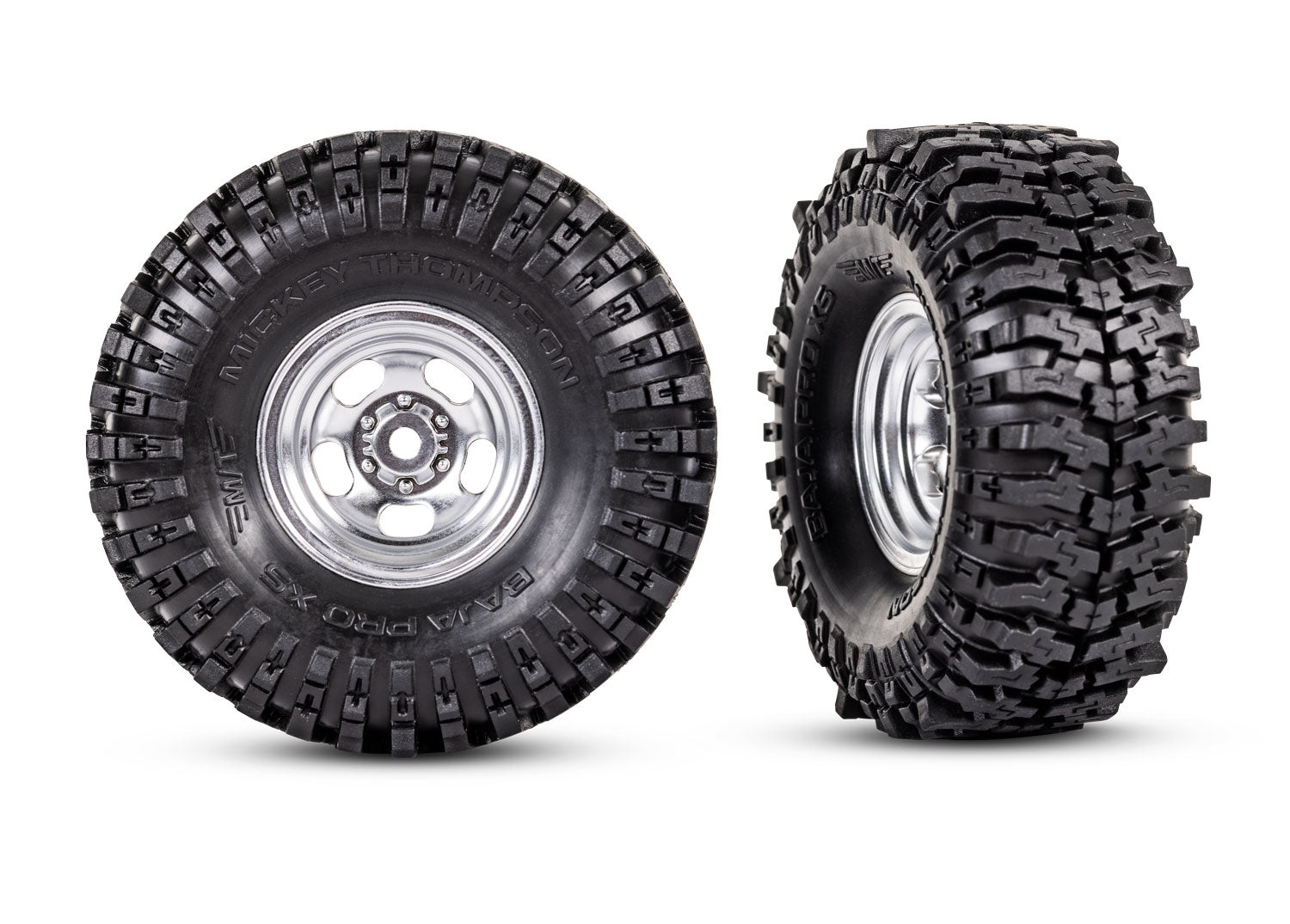 TRAXXAS 9872 Tires & wheels, assembled (1.0" satin chrome wheels, Mickey Thompson Baja Pro Xs 2.4x1.0" tires) (2)