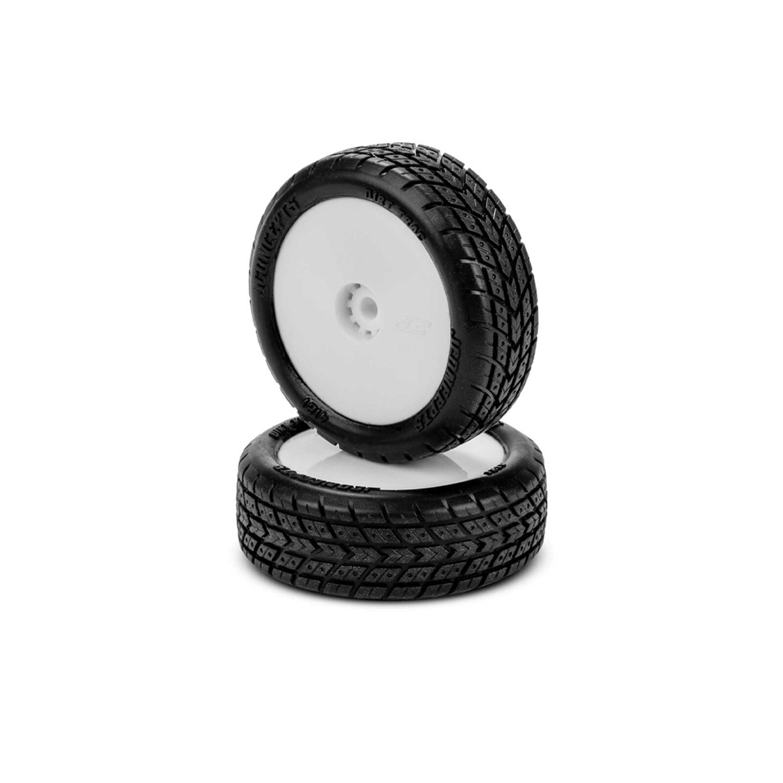 JCONCEPTS 4121-1211 1/16 Dirt Trac Mini Front Pre-Mounted 2WD Buggy Tires, White Wheels, Green Compound (2)
