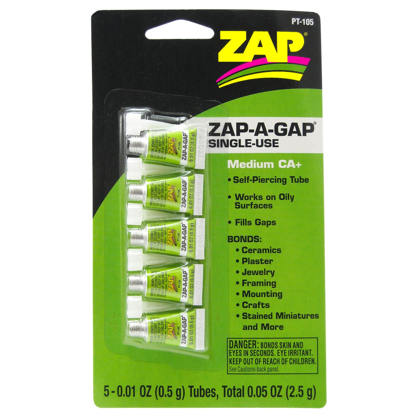 ZAP PT-105 Zap-A-Gap Medium CA+ Single Use Tubes, 5 x 1/2 gram, Carded