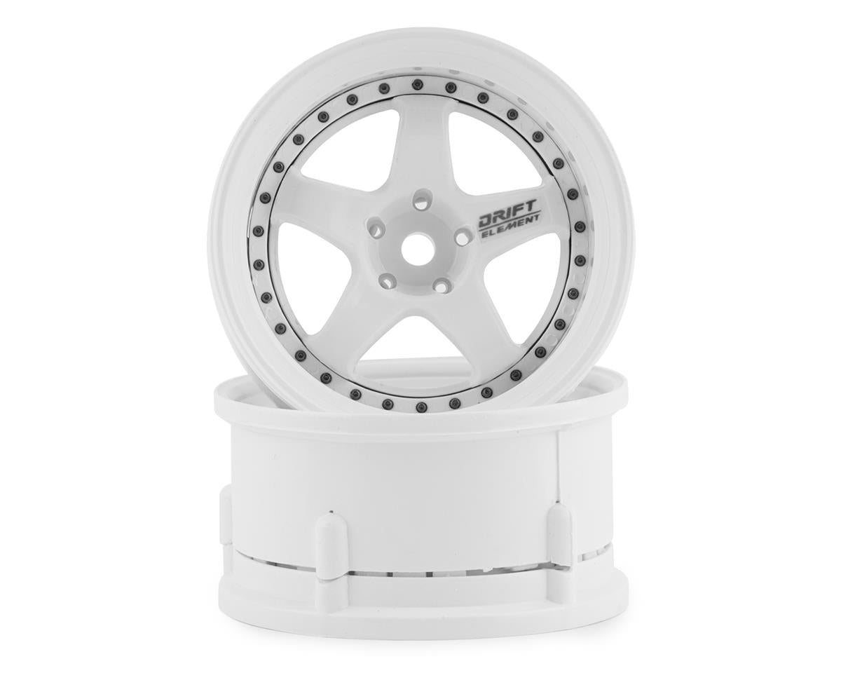DS RACING DSC-DE-002 Drift Element 5 Spoke Drift Wheels (Triple White w/Black Rivets) (2) (Adjustable Offset) w/12mm Hex