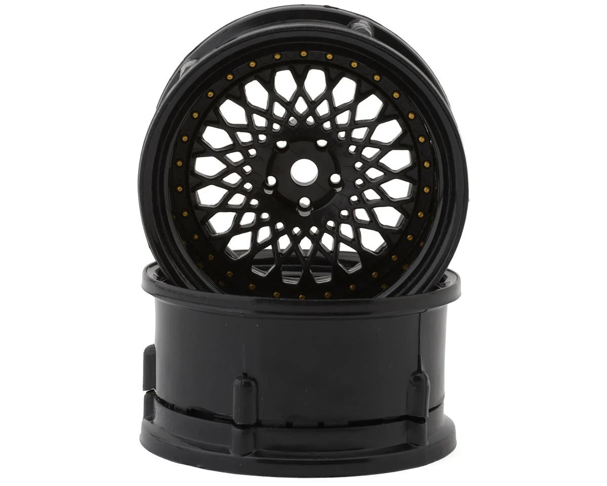DS RACING DSC-DE-307 Drift Element Mesh Drift Wheels (Triple Black w/Gold Rivets) (2) (Adjustable Offset) w/12mm Hex