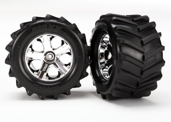 TRAXXAS 6771 Tires & wheels, assembled, glued 2.8" (All-Star chrome wheels, Maxx® tires, foam inserts) (2)
