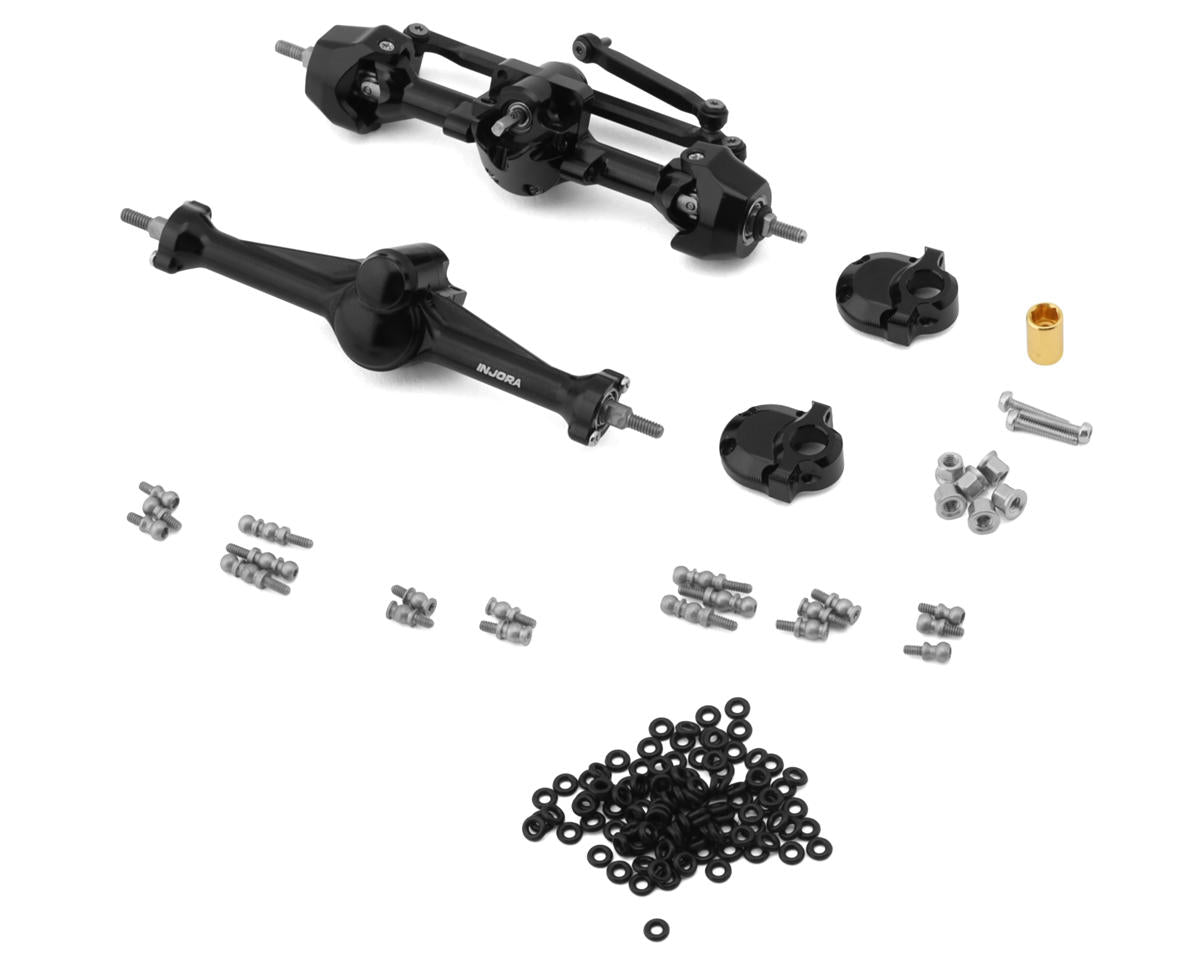 INJORA SCX30-25BKFR SCX30 +3mm Aluminum Front & Rear Planet Axles (Black) w/Double Joint Driveshafts & Brass Steering Knuckles