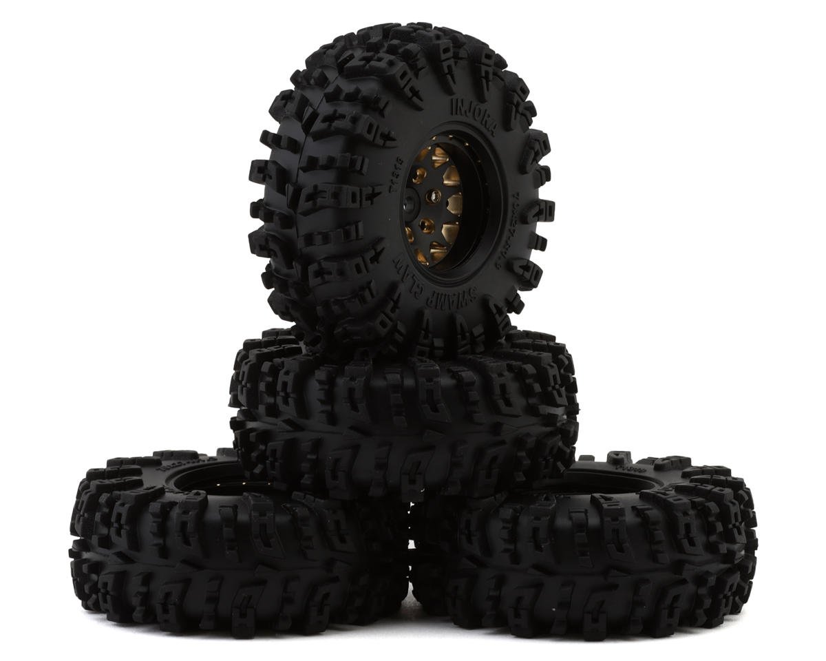 INJORA YQW-1301BGD-1319 1.3" Deep Dish Brass Micro Crawler Beadlock Wheels w/Swamp Claw Tires (S5) (Black) (4) (68g ea) (70mm OD)
