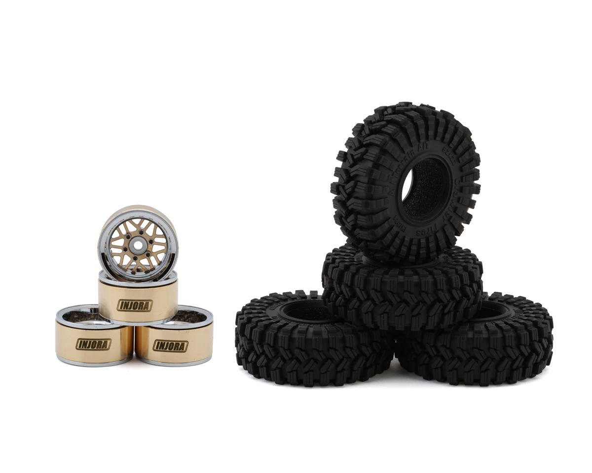 INJORA YQW-MW1014SR-1014 1.0" Deep Dish Aluminum Micro Crawler Beadlock Wheels w/Swamp Claw Tires (S5) (Gold/Chrome) (4) (37g ea) (62mm OD)