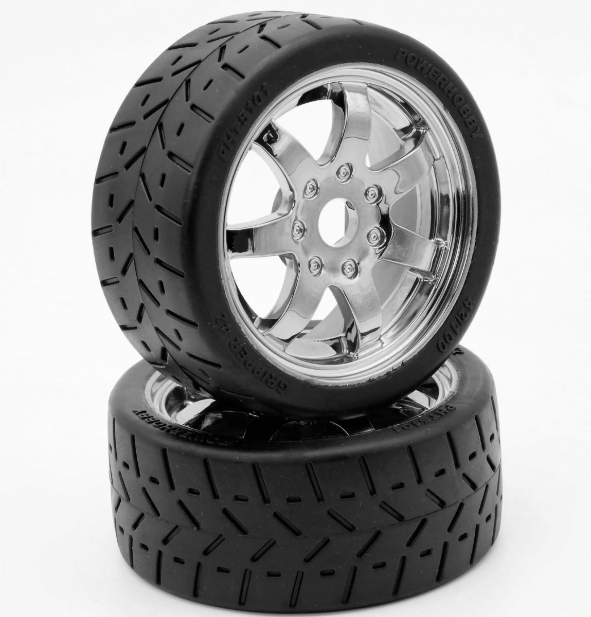 POWER HOBBY PHT5101CHROME 1/8 Gripper 42/100 Belted Mounted Tires 17mm Chrome Wheels