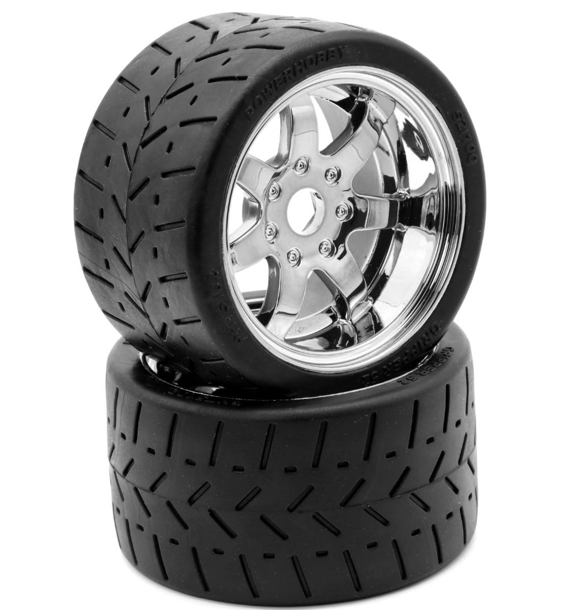 POWER HOBBY PHT5102CHROME 1/8 Gripper 54/100 Belted Mounted Tires 17mm Chrome Wheels