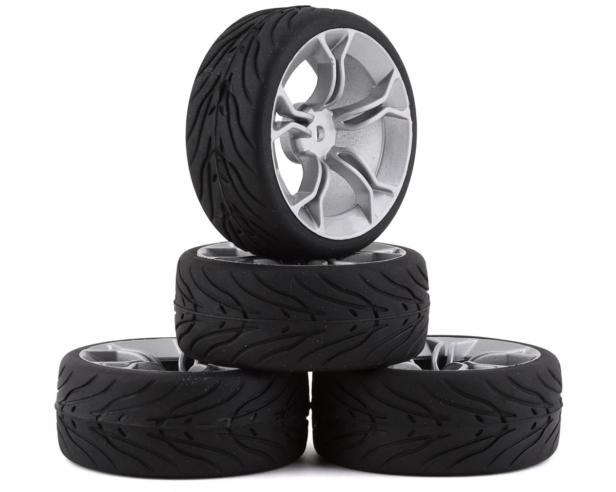 YEAH RACING WL-0104 Spec T Pre-Mounted On-Road Touring Tires w/MS Wheels (Silver) (4) w/12mm Hex & 3mm Offset
