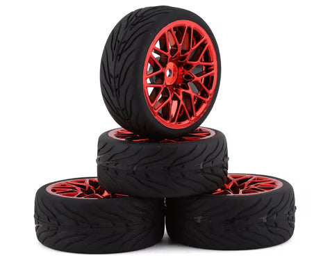YEAH RACING WL-0108  Spec T Pre-Mounted On-Road Touring Tires w/LS Wheels (Red) (4) w/12mm Hex & 3mm Offset