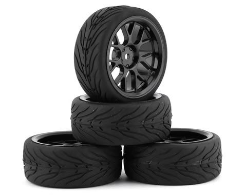 YEAH RACING WL-0109 Spec T Pre-Mounted On-Road Touring Tires w/CS Wheels (Black) (4) w/12mm Hex & 3mm Offset