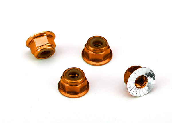 TRAXXAS 1747T Nuts, aluminum, flanged, serrated (4mm) (orange-anodized) (4)