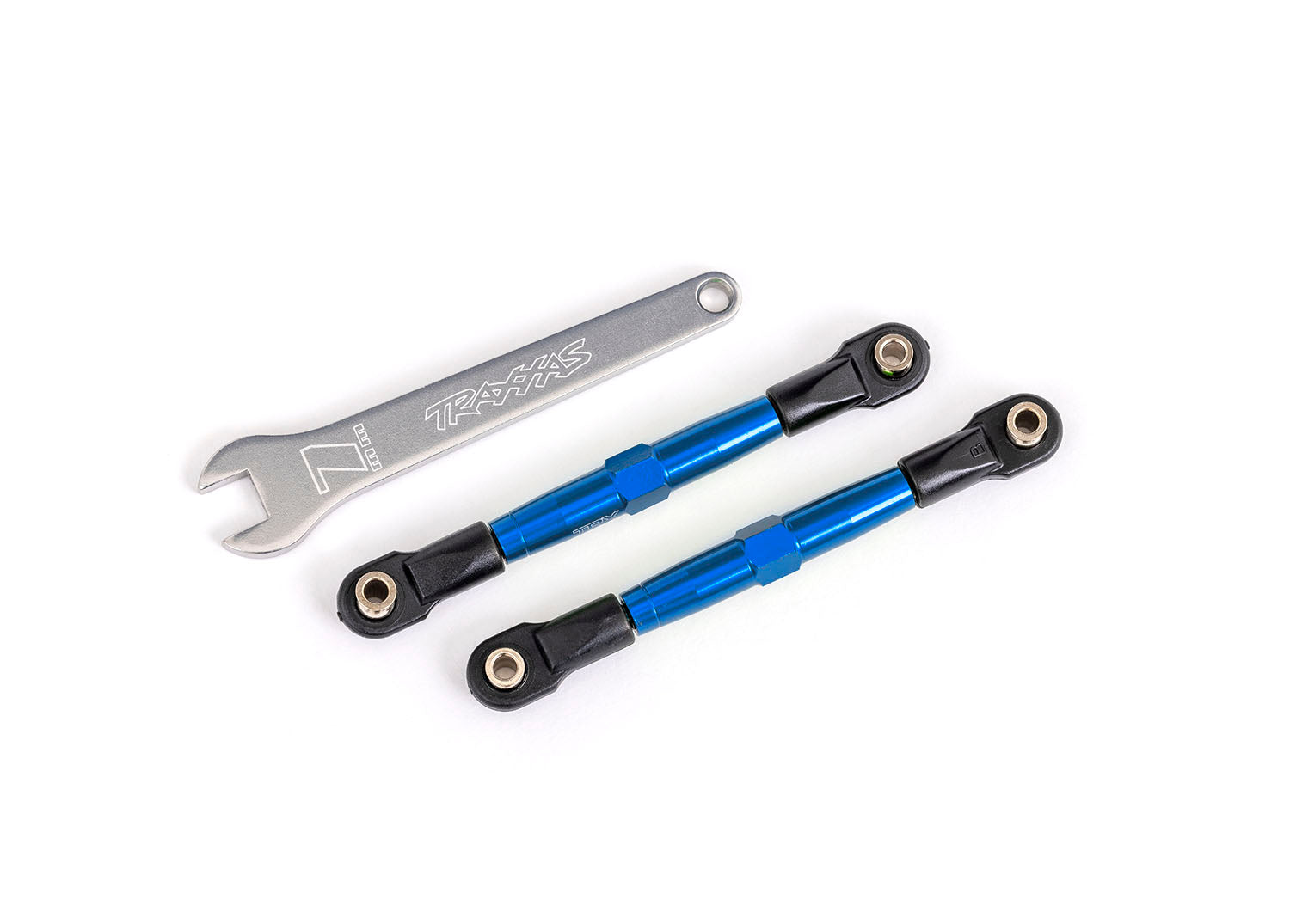 TRAXXAS 2445X Toe links, front (TUBES blue-anodized, 7075-T6 aluminum, stronger than titanium) (2) (assembled with rod ends and hollow balls)/ aluminum wrench (1) (fits Drag Slash)