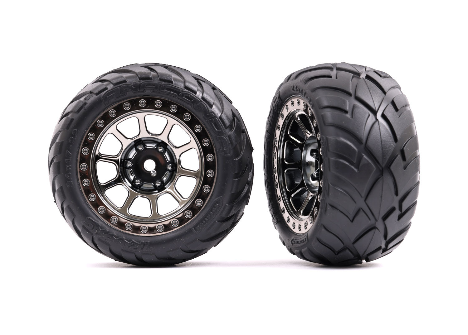 TRAXXAS 2478T Tires & wheels, assembled (2.2" black chrome wheels, Anaconda® 2.2" tires with foam inserts) (2) (Bandit® rear))