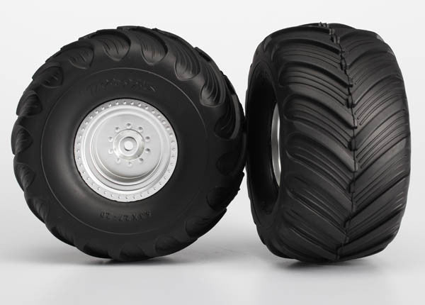 TRAXXAS 3663 Tires & Wheels Assembled Electric Rear (Monster Jam replica, satin chrome wheels, Monster Jam replica tires, foam inserts) (2)