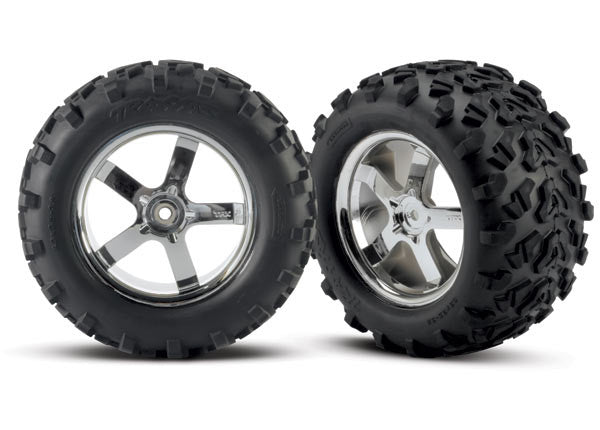 TRAXXAS 4973R Tires/Wheels T-Maxx 3.3 Tires & wheels, assembled, glued (Hurricane chrome wheels, Maxx® tires (6.3" outer diameter), foam inserts) (2) (fits Revo®/T-Maxx®/E-Maxx with 6mm axle and 14mm hex)