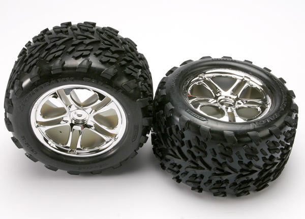 TRAXXAS 5174 Tires &amp; wheels, assembled, glued (SS (Split Spoke) chrome wheels, Talon tires, foam inserts) (2) (fits Maxx/Revo series)