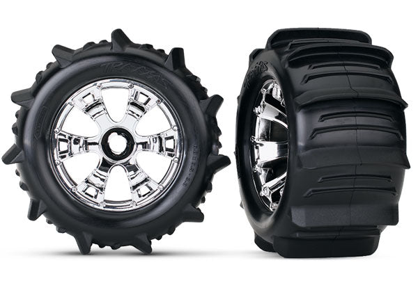 TRAXXAS 5672 Paddle Tires 3.8" Pre-Mounted Tires w/17mm Geode Wheels Chrome