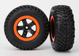 TRAXXAS 5863R Tires & wheels assembled, glued S1 compound SCT, black, orange beadlock wheels, dual profile 2.2" outer, 3.0" inner SCT off-road racing tires, foam inserts (2) 4WD front rear 2WD rear TSM rated