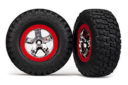 TRAXXAS 5869 Tires & wheels assembled glued SCT chrome red beadlock style wheels, BFGoodrich Mud-Terrain T/A KM2 tires, foam inserts (2) 2WD front