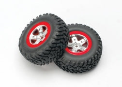 TRAXXAS 5873A Tires & wheels, assembled, glued SCT satin chrome, red-beadlock style wheels, SCT off-road tires, foam inserts (2) 4WD front /rear 2WD rear only
