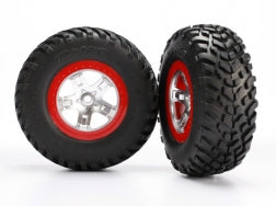 TRAXXAS 5873R Tires & wheels, assembled, glued SCT satin chrome red beadlock wheels, ultra-soft S1 compound off-road racing tires, inserts (2) 2WD rear 4WD Front / Rear